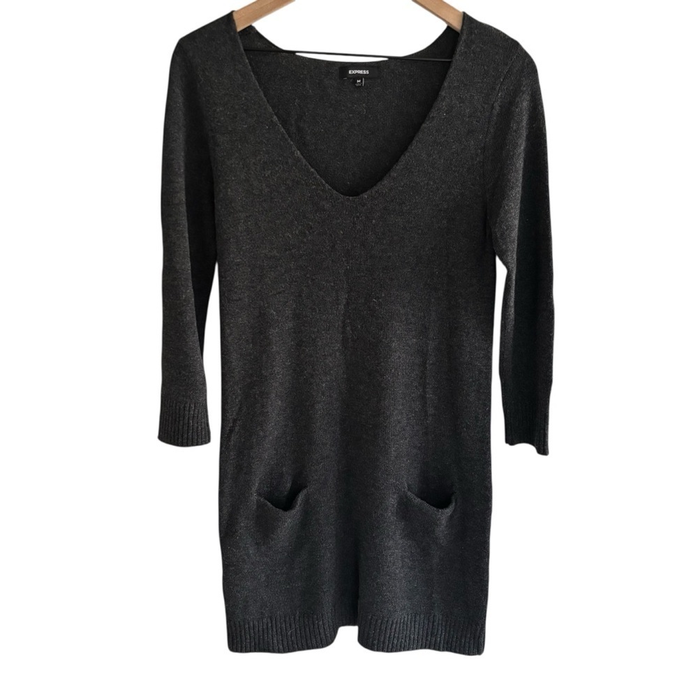 Express Wool Blend Knit Sweater Dress Medium Gray Pullover 3/4 Sleeve Pockets
